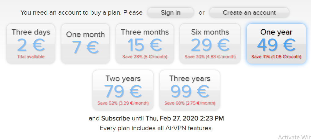 Airvpn定价计划