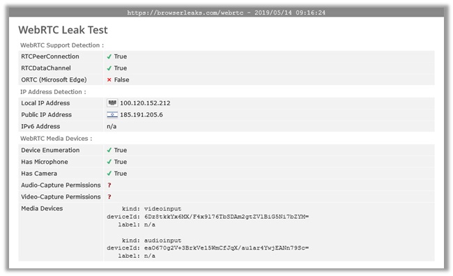 Netěsnosti prohlížeče - Test těsnosti WebRTC AVG Secure VPN