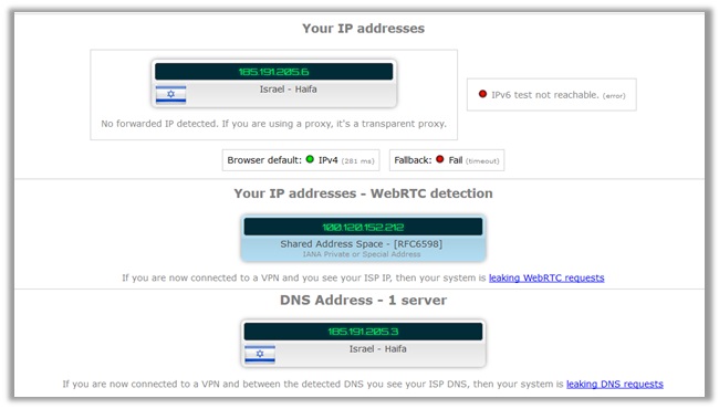 IPLeak.Net - ניתוח פרטיות מלא AVG Secure VPN