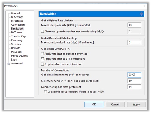 uTorrent configurarea setărilor pentru lățimea de bandă