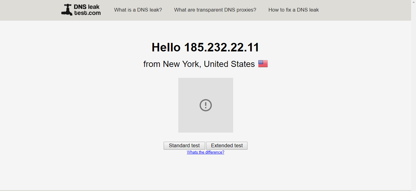 Mullvad DNS-vuototesti Yhdysvaltain palvelimelle