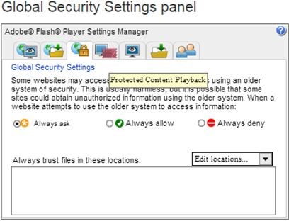 panel de configuración de seguridad global