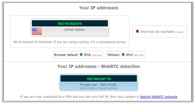 VPNBook WebRTC 및 DNS 누출 테스트