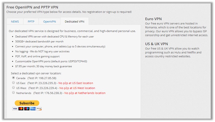 Tarification IP dédiée de VPNBook